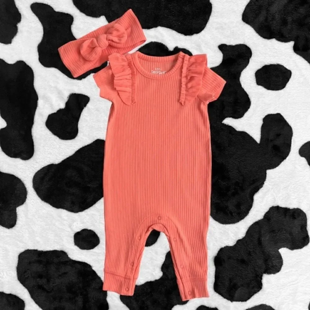 Baby Cat and Jack Girl's‎ Orange Ribbed Romper with Matching Bow 0-3 months